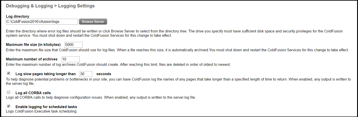 ColdFusion Logging Settings