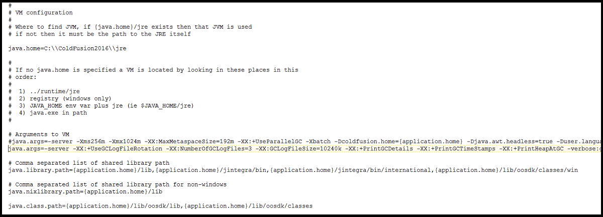 ColdFusion jvmConfig